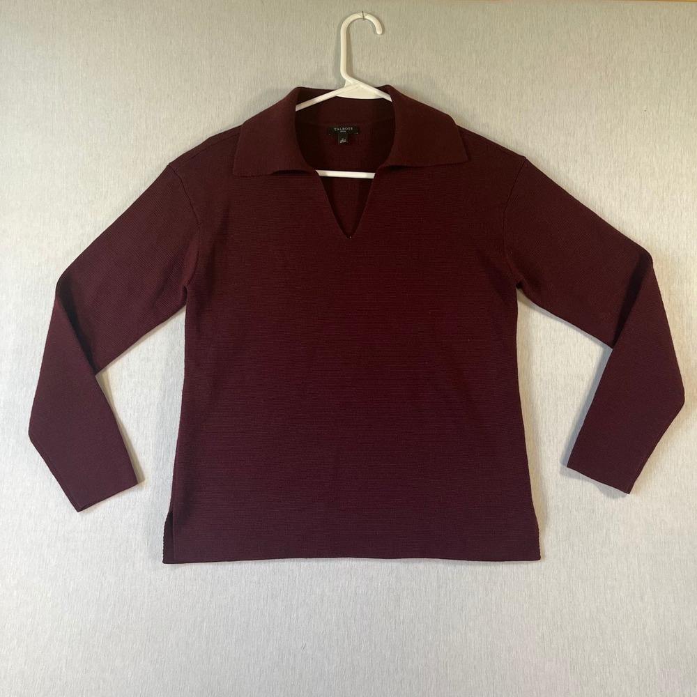 Talbots Petite SP Burgundy Wool Blend V-Neck Polo Sweater Soft Cozy Long Sleeve